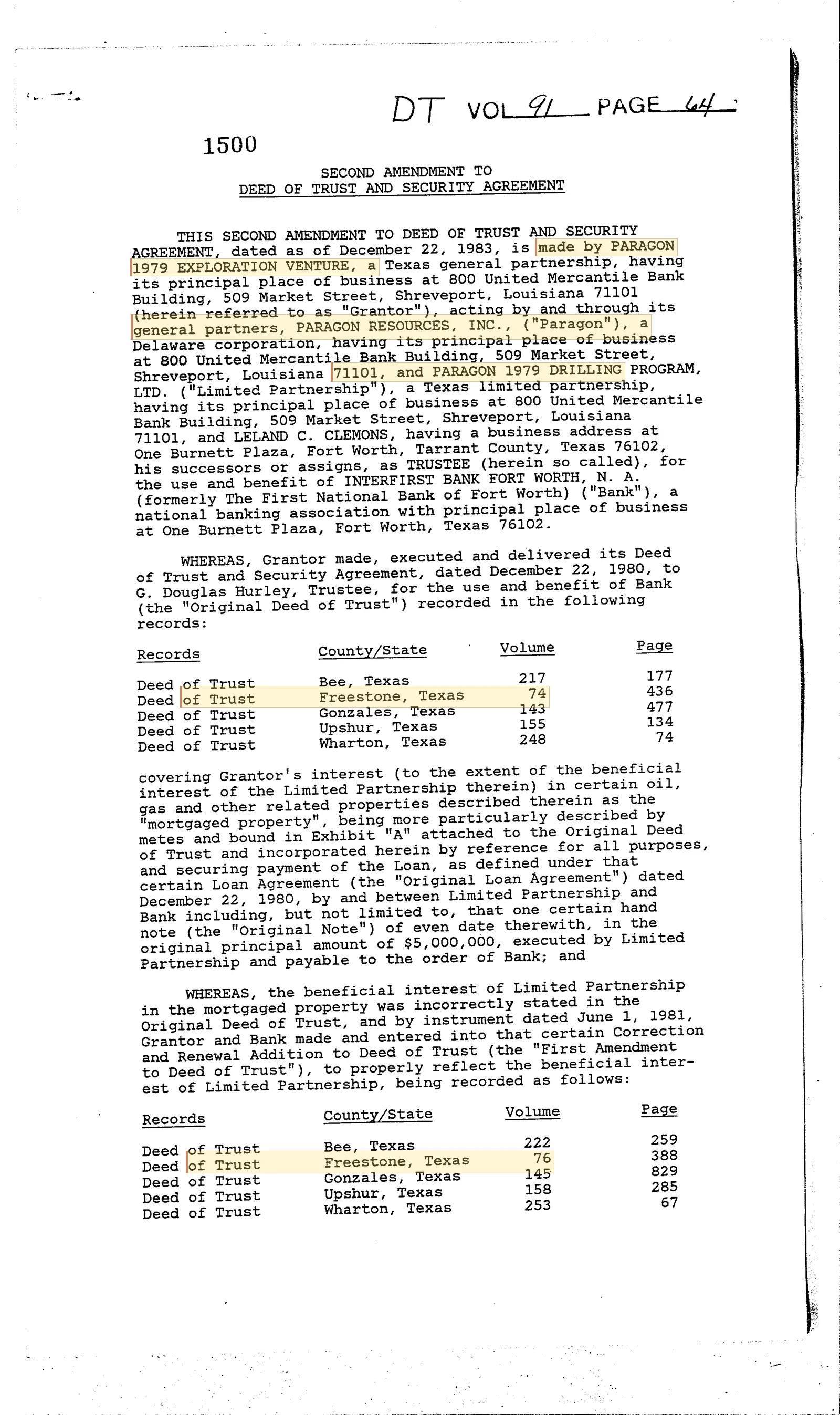 Paragon 1979 Exploration - Recorded Deed Trust (Vol. 91, Page 64)